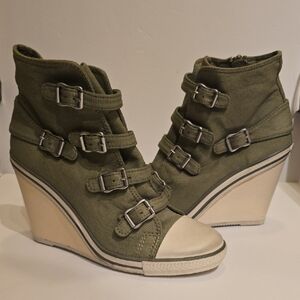 Ash Olive Wedge Boots with Buckle Accents